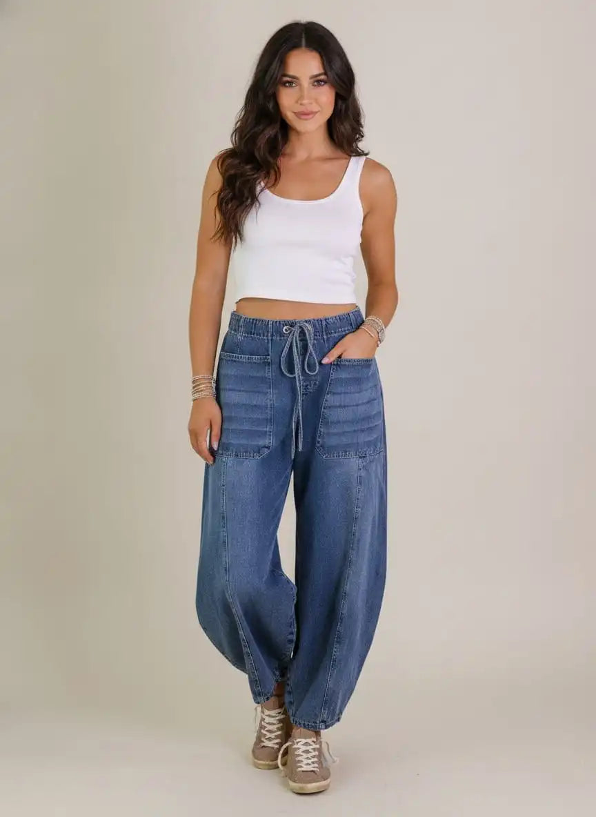Women's Jeans – Wide Leg Design with Drawstring Waist