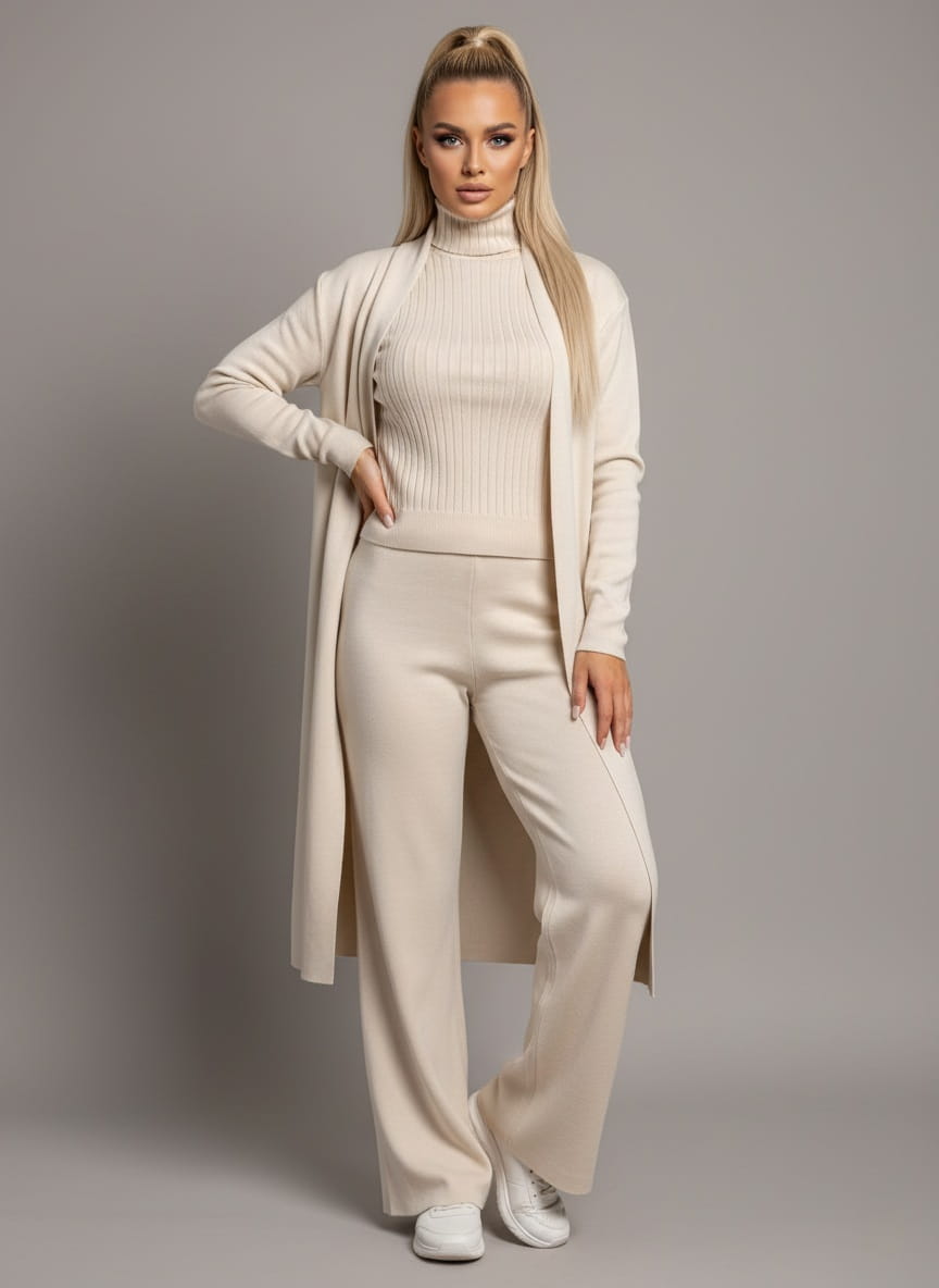 Women's Suit – 3-Piece Knit Set with Sleeveless Turtleneck Vest and Cardigan – view 2