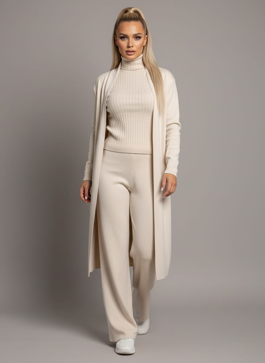 Women's Suit – 3-Piece Knit Set with Sleeveless Turtleneck Vest and Cardigan – view 3