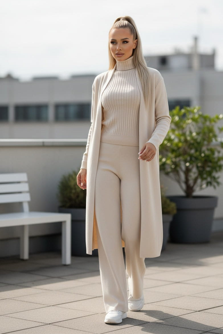 Women's Suit – 3-Piece Knit Set with Sleeveless Turtleneck Vest and Cardigan